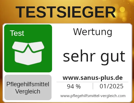 Offizielles Testsieger-Badge von pflegehilfsmittel-vergleich.com für sanus-plus.de — Wertung „sehr gut“, 94 von 100 Punkten