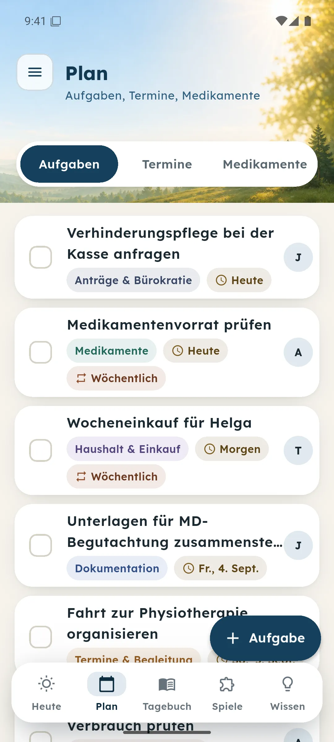 Plan-Ansicht der sanus+ Care App mit Beispieldaten