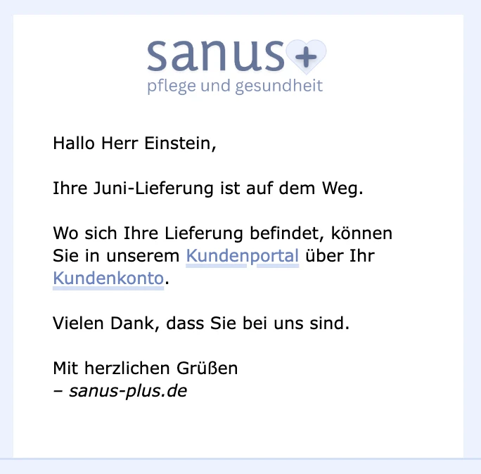 sanus+ Pflegebox als DHL-Paket — die Lieferung wird nach dem Wechsel abgestimmt