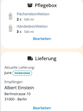 sanus+ Kundenportal: Übersicht der Pflegebox-Inhalte und der nächsten Lieferung mit Empfängeradresse