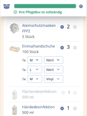 sanus+ Kundenportal: Pflegebox selbst zusammenstellen — Handschuhgröße, Material und Mengen per Auswahl anpassen