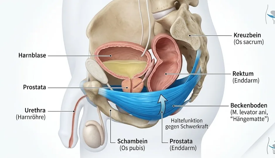 Anatomische Illustration des männlichen Beckenbodens mit Lage von Harnblase, Prostata und Harnröhre