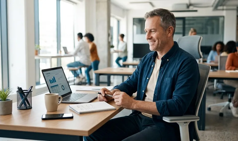 Mann sitzt entspannt am Schreibtisch im Büro und arbeitet — Sinnbild für unauffälliges Beckenbodentraining im Alltag