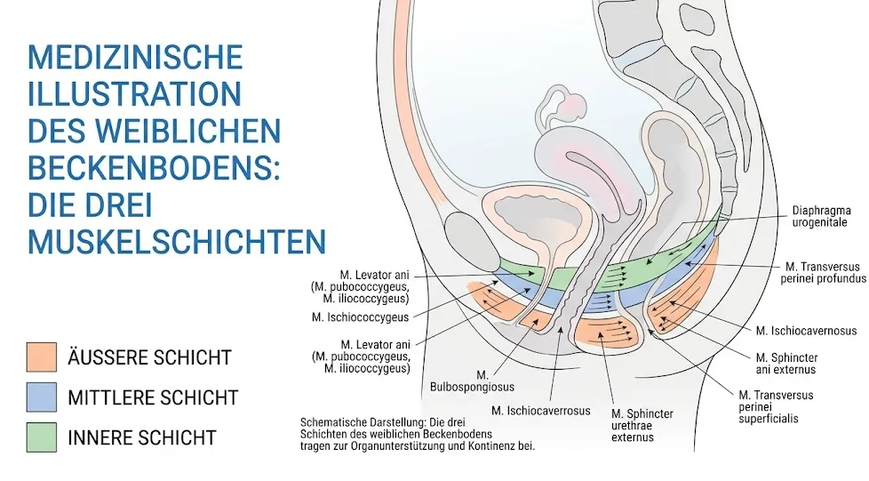 Medizinische Illustration des weiblichen Beckenbodens mit seinen drei Muskelschichten im Querschnitt