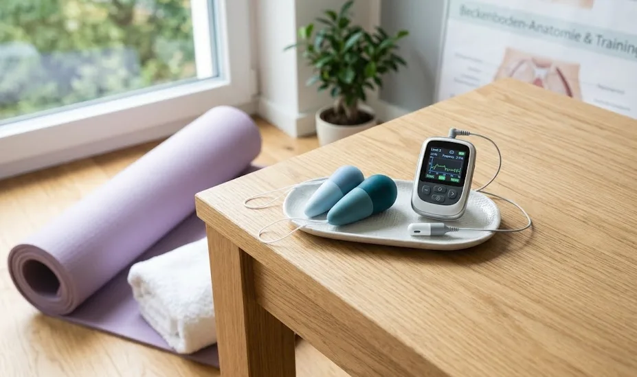 Beckenboden-Trainingshilfen mit Biofeedback-Gerät und Vaginalkonen auf einem Tisch neben einer Gymnastikmatte