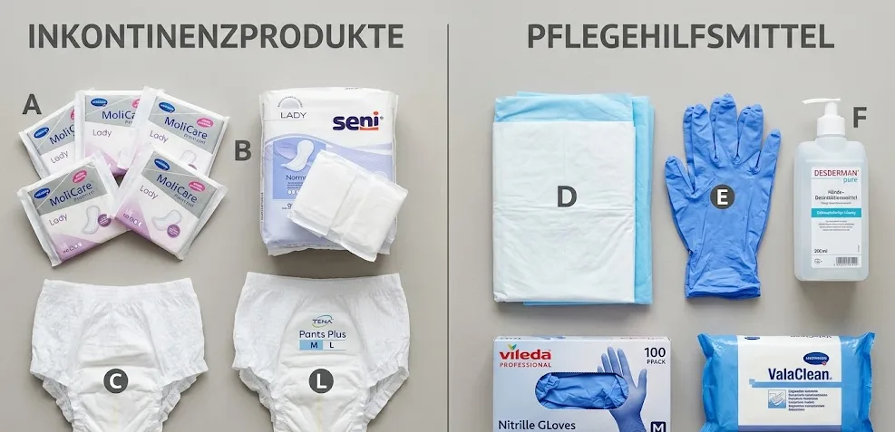 Vergleich von aufsaugenden Inkontinenzprodukten und Pflegehilfsmitteln als Symbolbild für die Versorgung im Alltag