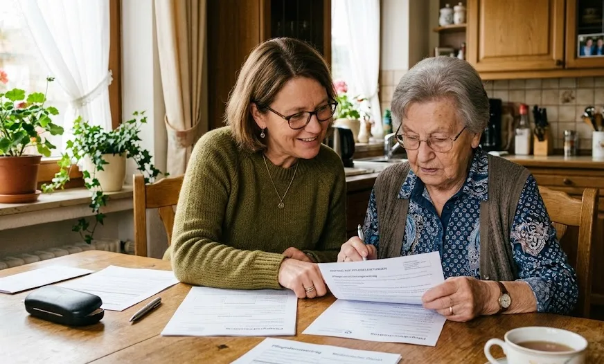 Pflegende Angehörige begleitet einen älteren Menschen im vertrauten Zuhause — Symbolbild für dauerhafte Langzeitpflege
