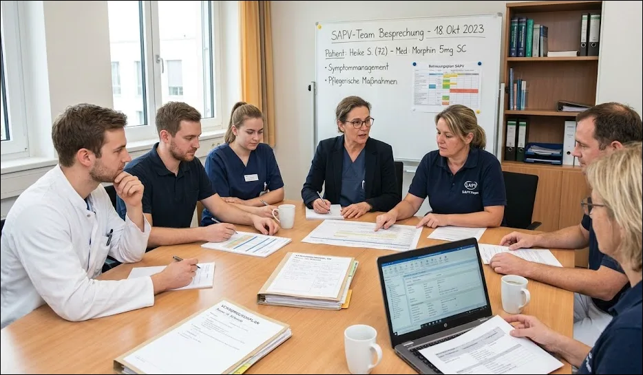 Multiprofessionelles SAPV-Team aus Ärzten und Pflegekräften bespricht die Versorgung eines Palliativpatienten