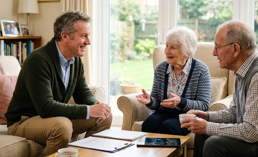 Pflegende Angehörige unterstützt eine Seniorin im vertrauten Zuhause — Symbolbild für Pflege zu Hause und Alltag