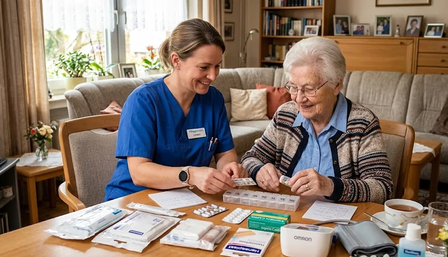 Pflegekraft unterstützt eine Seniorin beim Sortieren von Pflegehilfsmitteln am Wohnzimmertisch