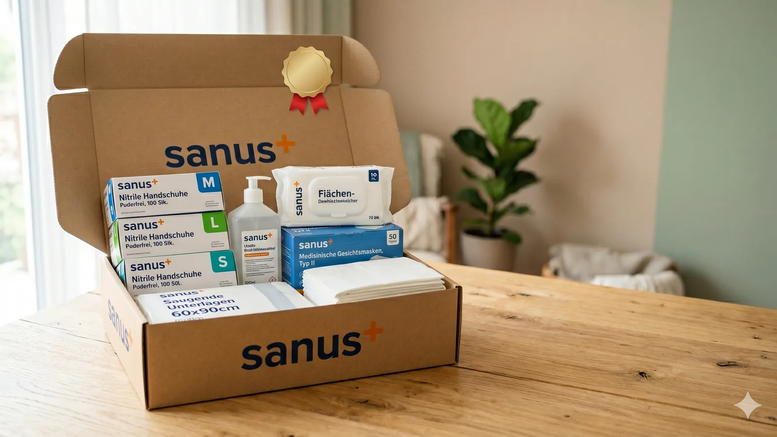 Geöffnete sanus+ Pflegebox mit goldener Testsieger-Medaille am Deckel — Nitril-Einmalhandschuhe in S, M und L, Händedesinfektion 500 ml, Flächen-Desinfektionstücher, medizinische Gesichtsmasken Typ II und saugende Unterlagen 60×90 cm