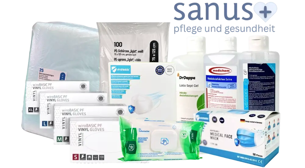 sanus+ Pflegebox-Inhalt: Handschuhe, Desinfektion, Masken, Schürzen und Krankenunterlagen
