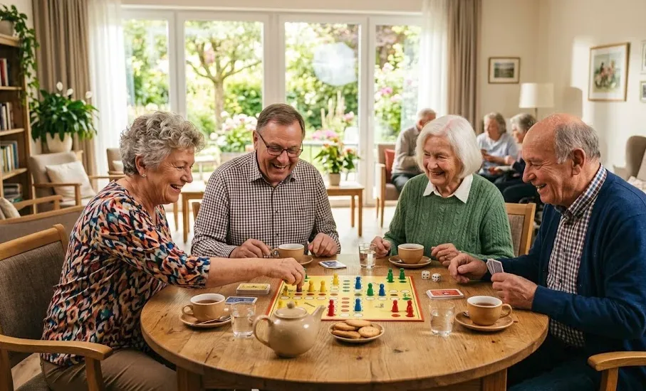 Vier Senioren genießen ein gemeinsames Brettspiel in einem hellen Wohnzimmer