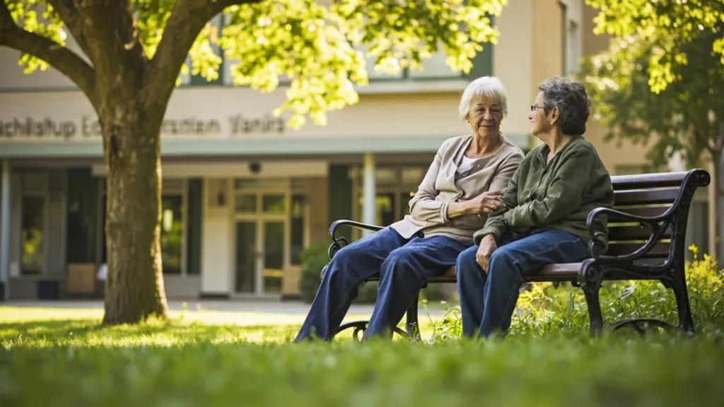Zwei Seniorinnen sitzen auf einer Parkbank und genießen ein Gespräch im Sonnenschein
