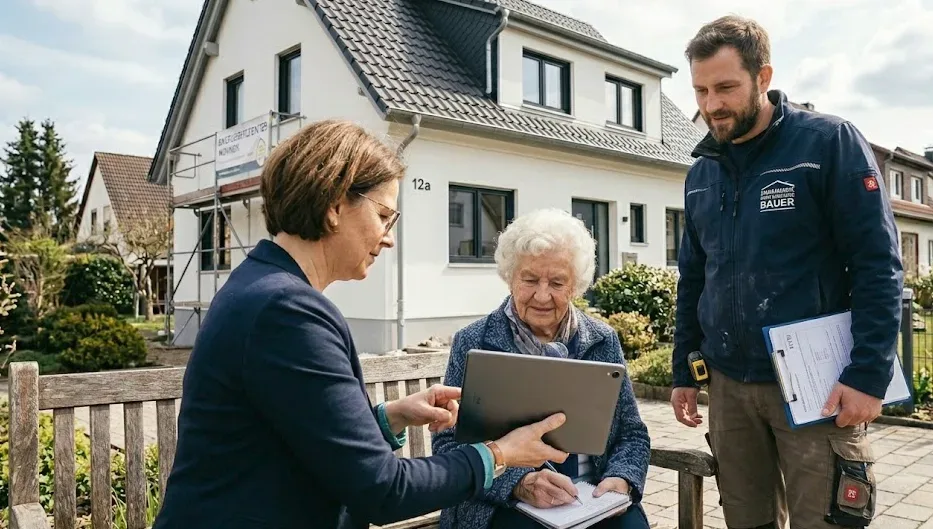 Älteres Paar sitzt entspannt vor einem hellen Haus im Grünen