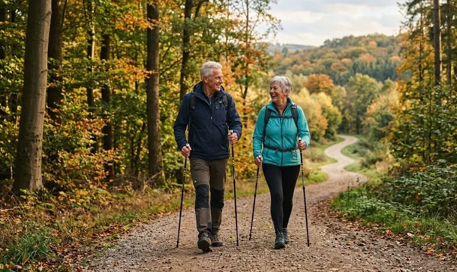 Älteres Paar beim Herbstspaziergang im Wald — Bewegung an der frischen Luft stärkt das Immunsystem