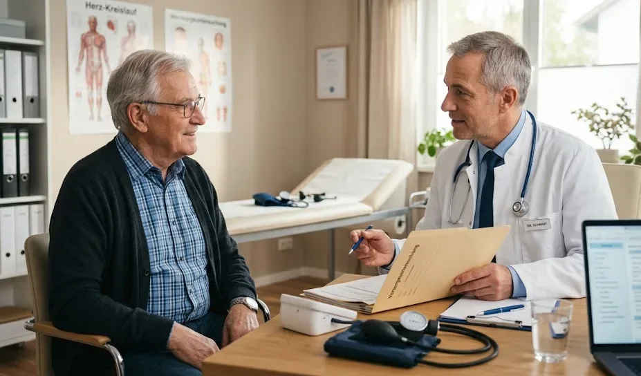 Arzt erklärt einem älteren Patienten Untersuchungsergebnisse im Sprechzimmer