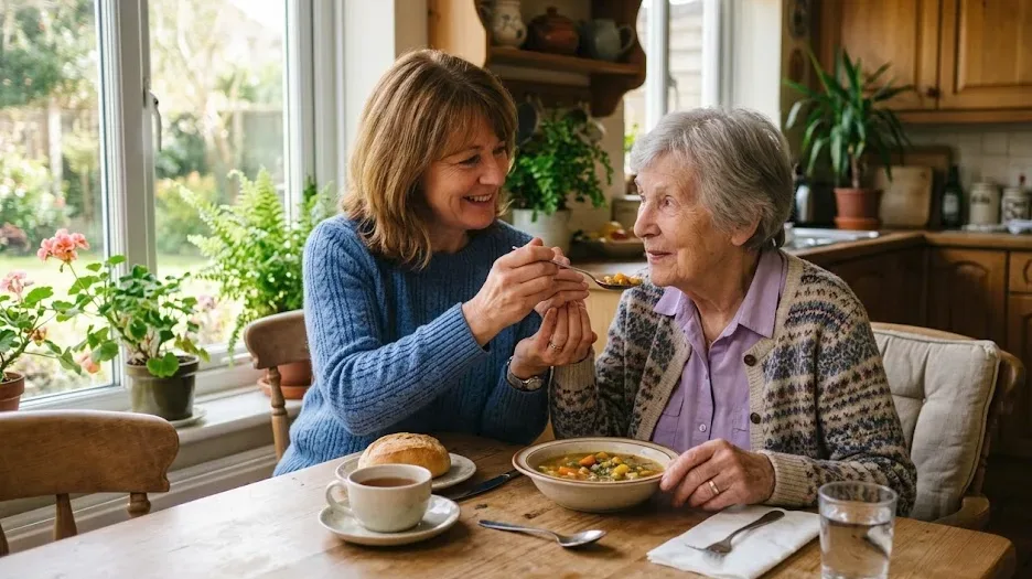 Ältere und jüngere Frau am Küchentisch — gemeinsam gesund kochen und essen