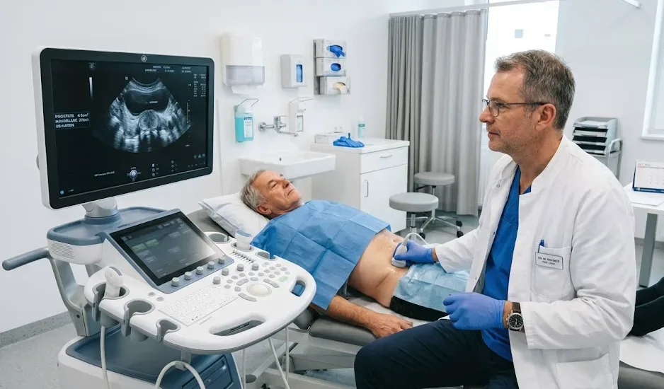 Arzt führt eine Ultraschalluntersuchung durch, um Harnsteine zu lokalisieren