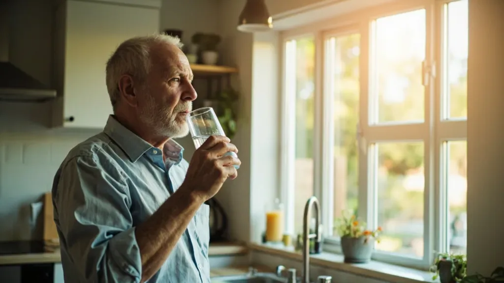Älterer Mann trinkt ein Glas Wasser in einer hellen Küche – ausreichend Trinken unterstützt die Harnwegsgesundheit