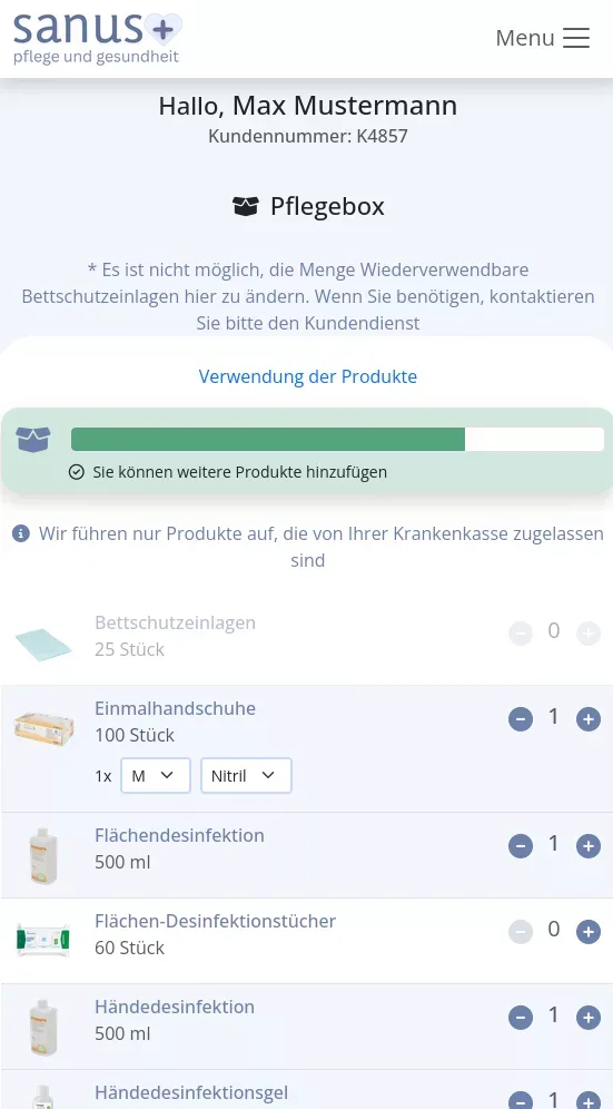 Pflegebox Produkte im Kundenportal anpassen