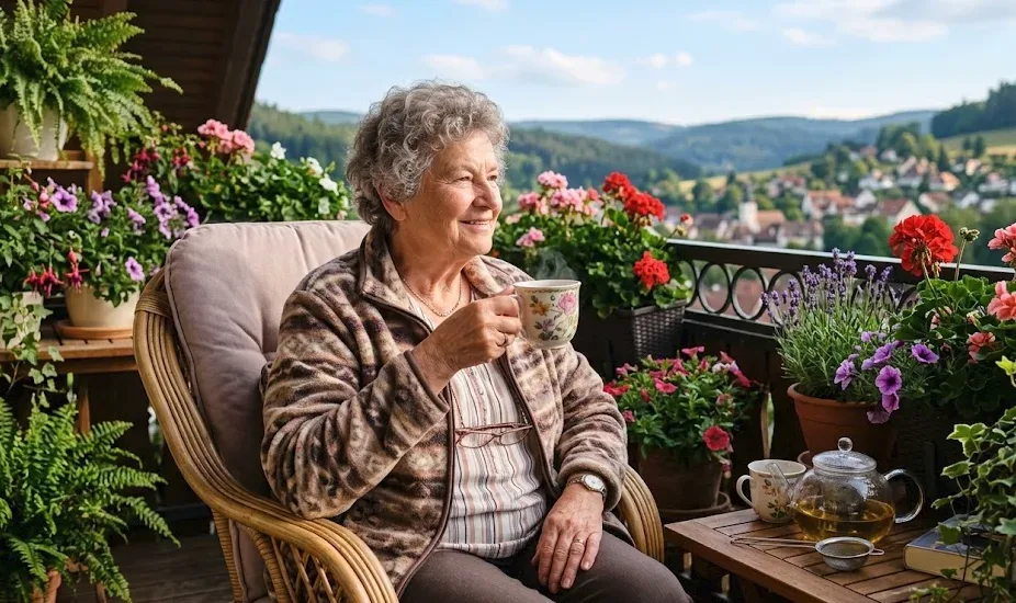 Ältere Frau genießt entspannt Tee auf dem Balkon