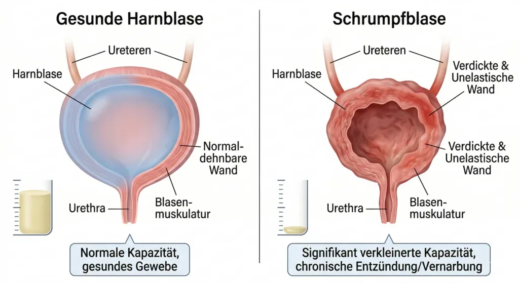 Schematischer Vergleich einer gesunden, dehnbaren Harnblase und einer stark verkleinerten Schrumpfblase