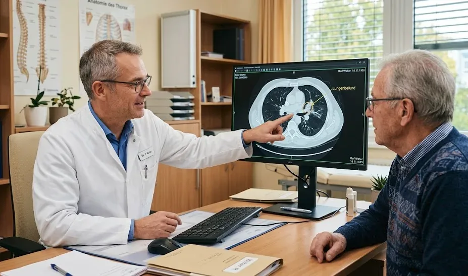 Arzt erklärt einem Patienten bildgebende Befunde am Monitor