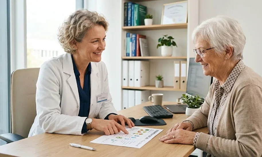 Ärztin berät eine ältere Patientin in einer freundlichen Praxis