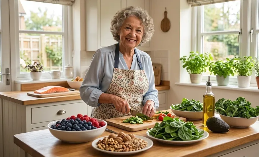 Ältere Person bereitet eine gesunde Mahlzeit mit Blattgemüse, Avocado und Beeren vor