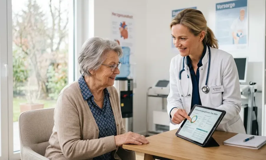 Ärztin zeigt einer Patientin etwas auf einem Tablet während einer Vorsorgeuntersuchung