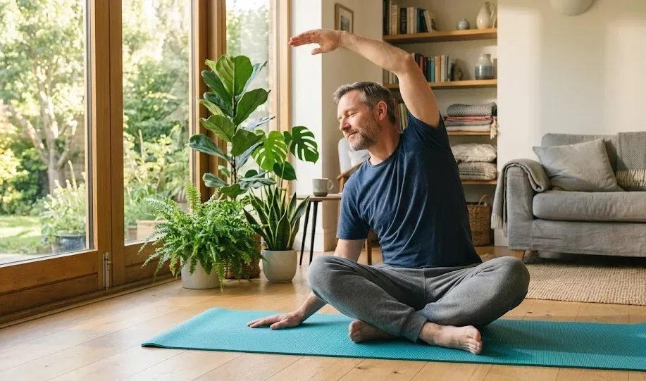 Mann bei einer Yoga-Übung in einem hellen Raum