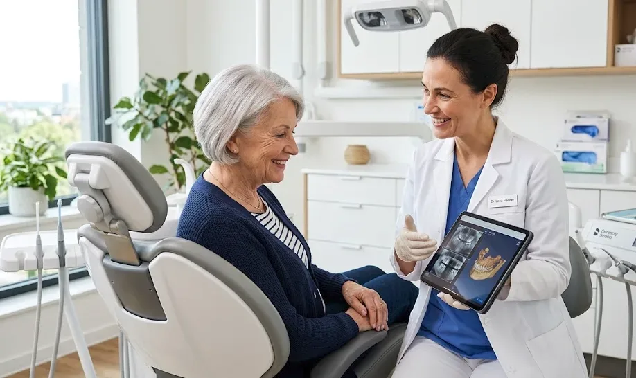 Zahnärztin berät ältere Patientin mit Tablet in moderner Praxis