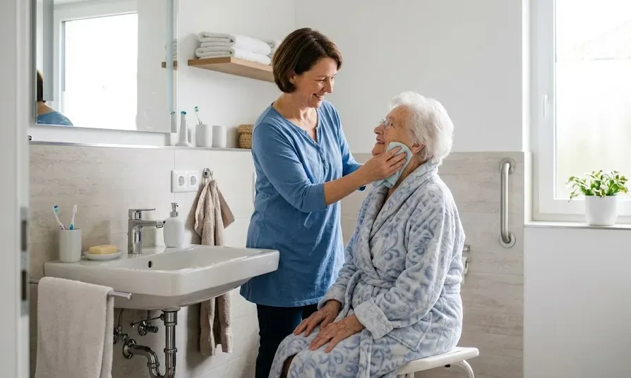Pflegende Angehörige hilft Seniorin bei der Hygiene im Badezimmer