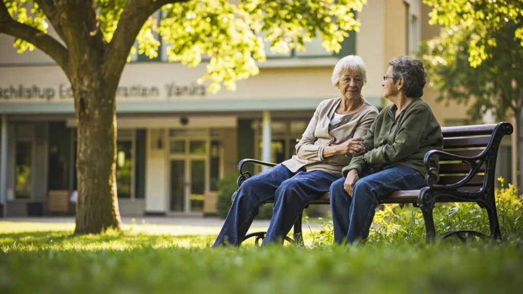Zwei Seniorinnen sitzen auf einer Parkbank und genießen ein Gespräch im Sonnenschein