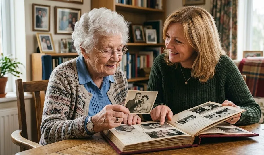 Zwei Generationen blättern gemeinsam durch ein altes Fotoalbum