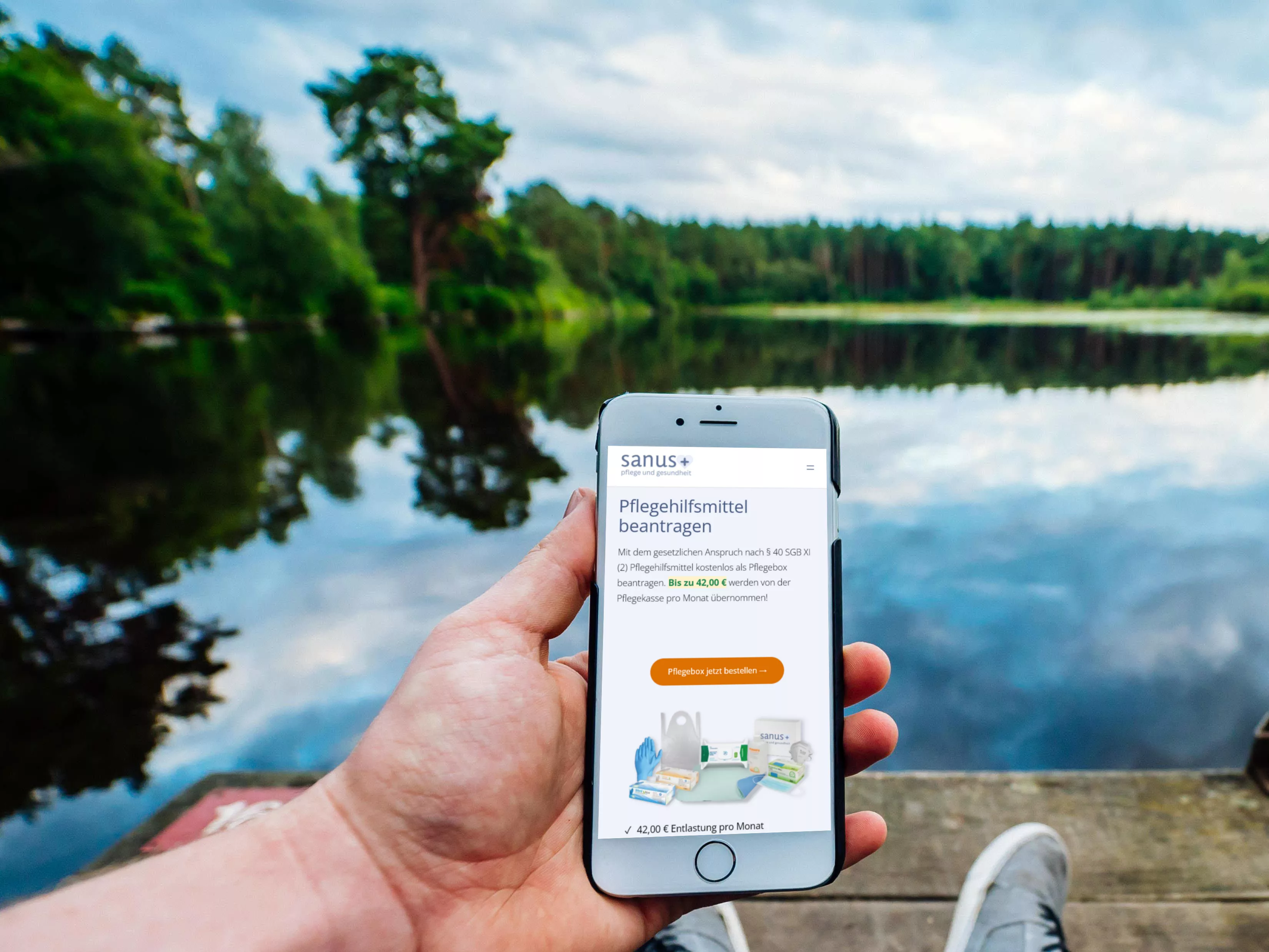 Pflegebox mit Smartphone am See bestellen