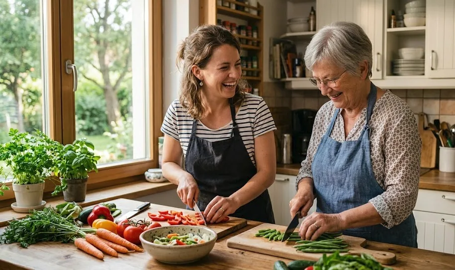 Zwei Frauen kochen gemeinsam in einer freundlichen Küche — Ernährungskultur verbindet Generationen