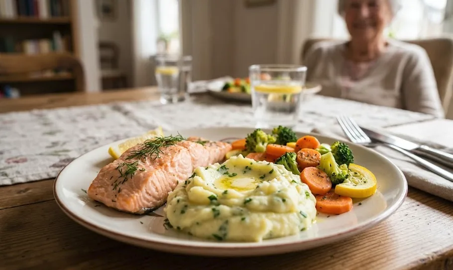 Gesunder Teller mit Lachs, frischem Gemüse und Kartoffelpüree