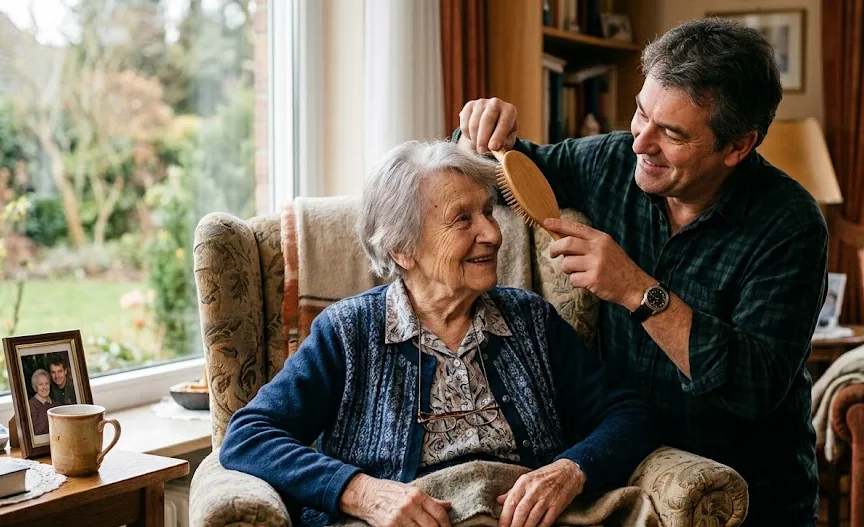Ältere Dame wird zuhause liebevoll von Angehörigen gepflegt