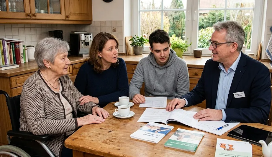 Familie im Gespräch über Pflegeorganisation am Küchentisch