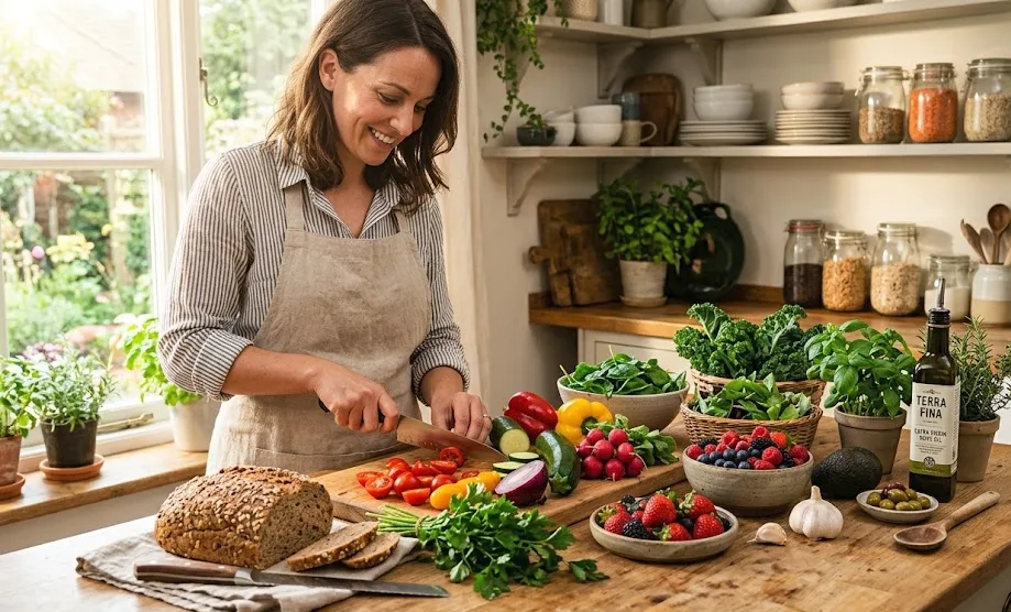 Frau bereitet gesundes Essen in einer hellen Küche vor