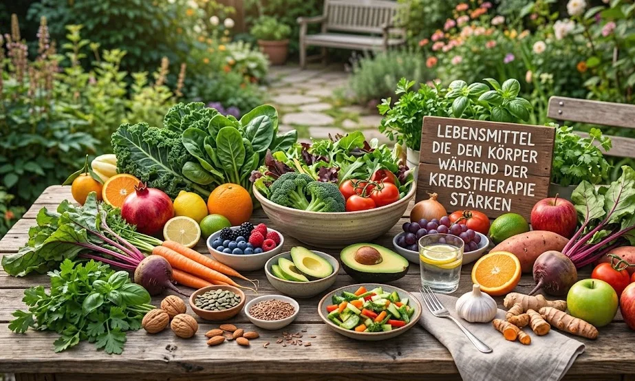 Frisches Obst und Gemüse auf einem Gartentisch