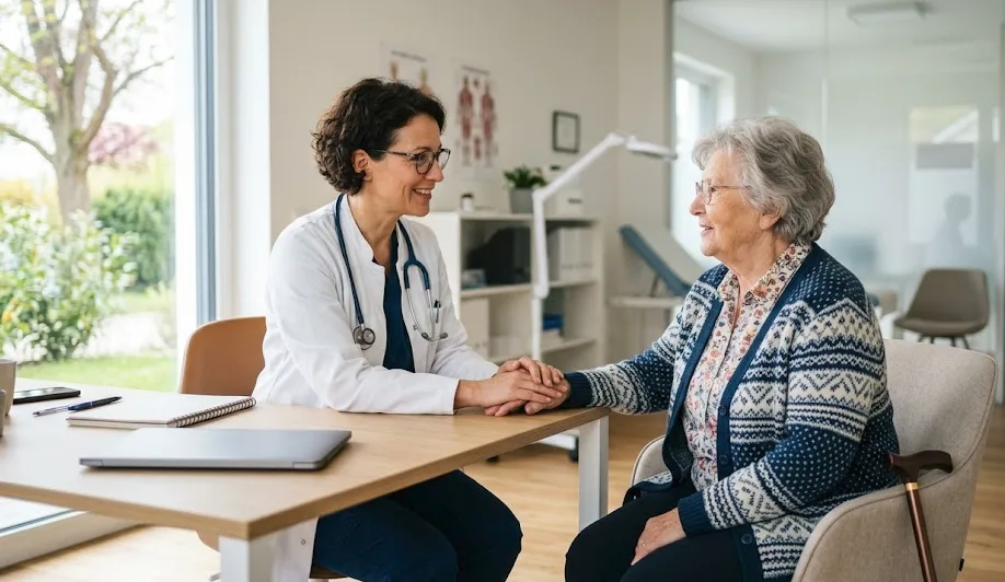 Ärztin im vertrauensvollen Gespräch mit einer älteren Patientin in einer hellen Praxis