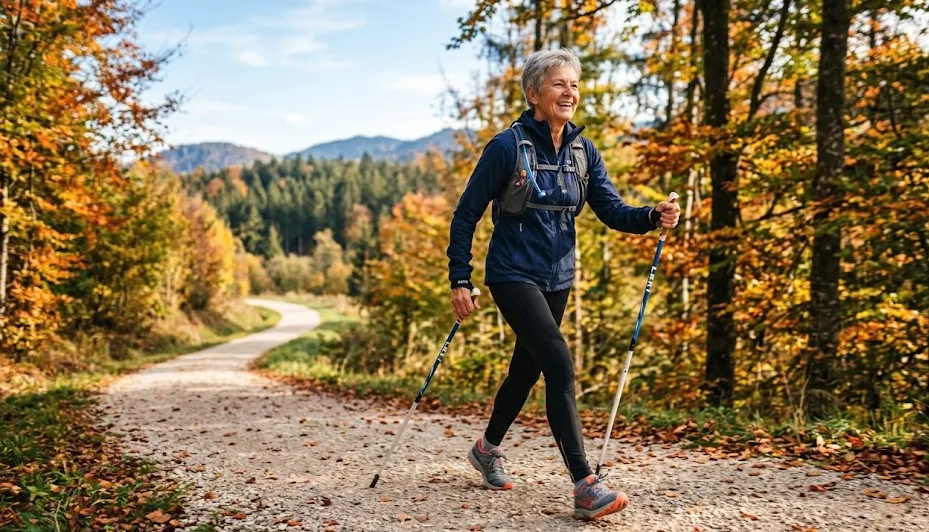 Älteres Paar beim Nordic Walking im herbstlichen Wald