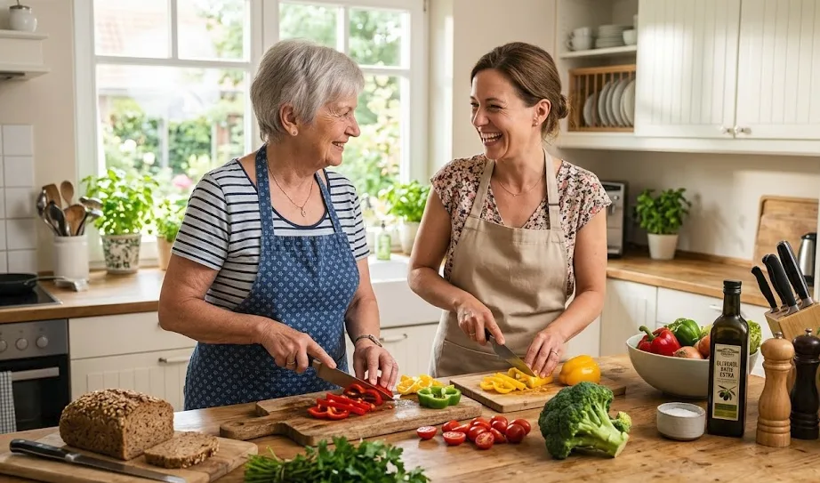 Zwei Frauen kochen gemeinsam frisches Gemüse in der Küche