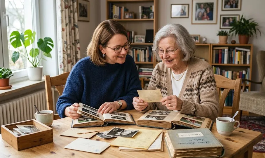 Zwei Frauen betrachten gemeinsam alte Fotos und Erinnerungen