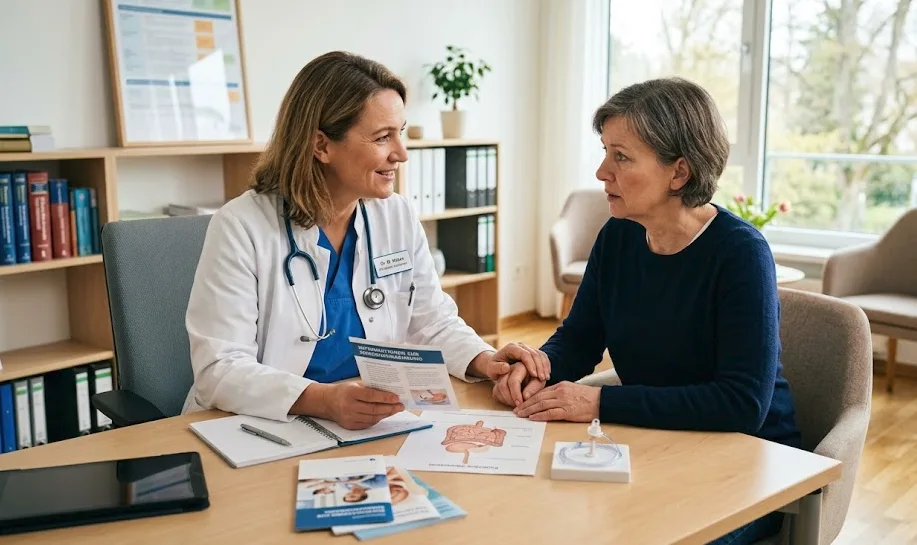 Ärztin berät eine ältere Patientin in einer urologischen Sprechstunde