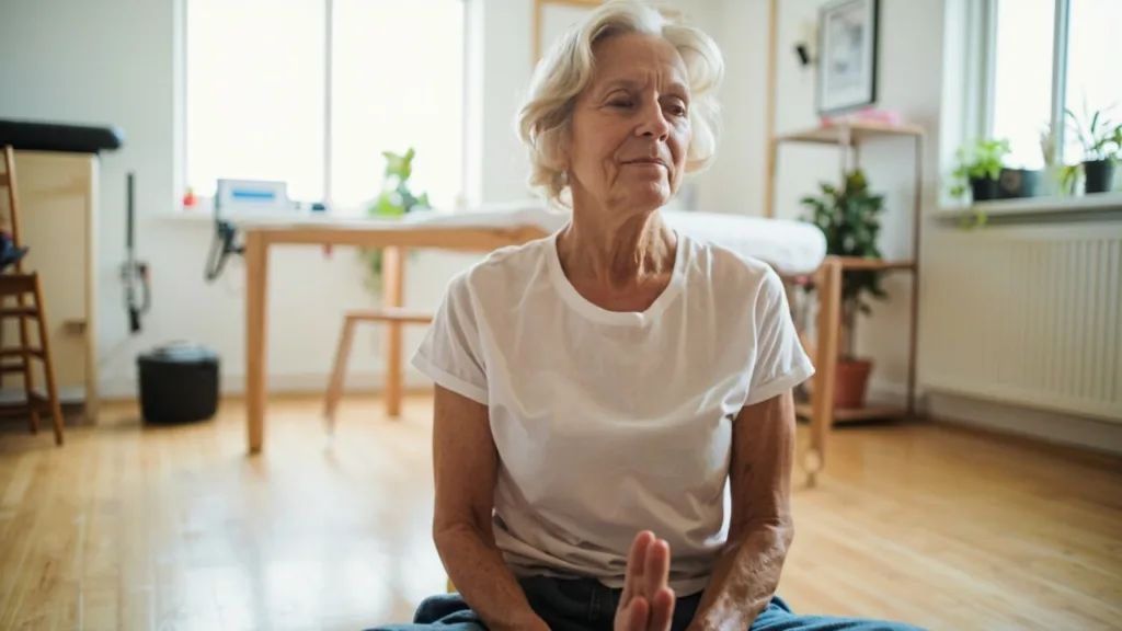 Ältere Frau bei einer Meditationsübung in ruhiger Umgebung