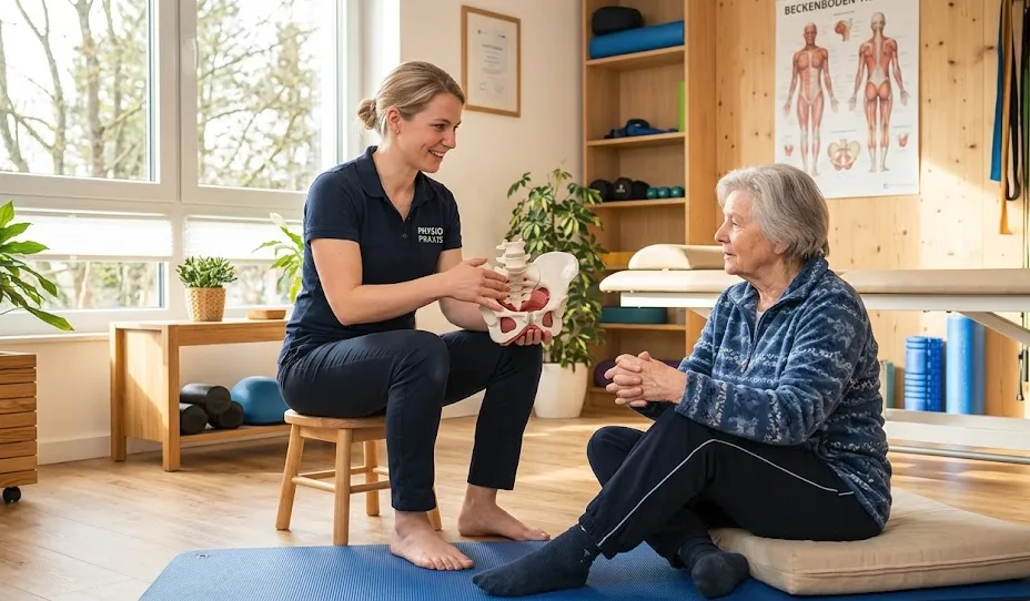 Physiotherapeutin erklärt einer Patientin die Beckenanatomie anhand eines Modells